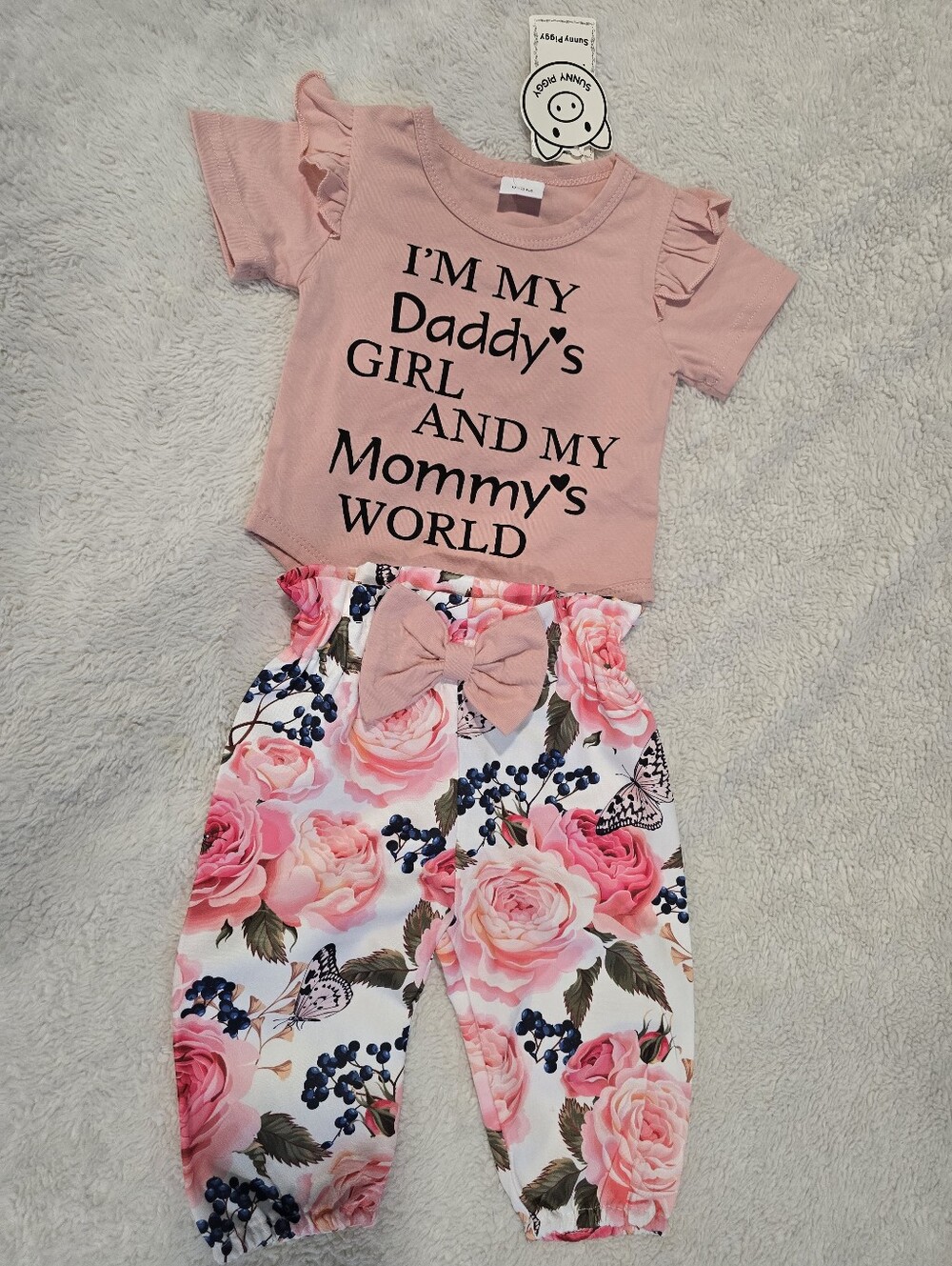 Pink Ruffle Sleeve Baby Set - "I'm My Daddy's Girl" Top + Floral Bow Pants